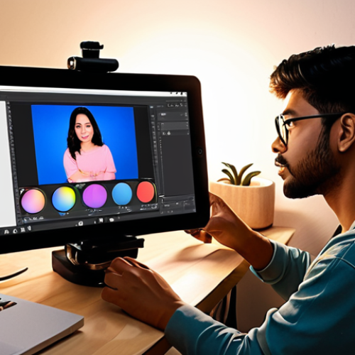 Home 14 **Prompt 1: Capturing the Creative Process**
A digital artist, a person of South Asian descent, is intensely focused on creating vibrant digital art on a tablet. Surrounding them is a thoughtfully arranged vlogging setup, including a soft ring light illuminating their workspace, a visible microphone for clear audio, and a camera on a tripod strategically positioned to capture the digital canvas and their hands. The background is a cozy, creative studio space, suggesting an artist's personal haven. The image emphasizes the early stages of a creative vlog, showcasing the artist's dedication to both their art and the recording process. The overall mood is focused and inspiring, with natural light enhancing the colors of the digital artwork.