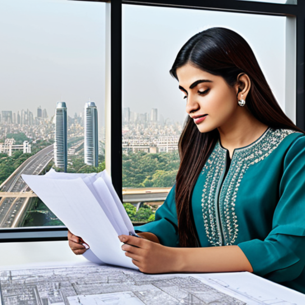 **

"A professional female architect, fully clothed in a modest shalwar kameez with intricate embroidery, reviewing blueprints in a modern office overlooking a cityscape. Safe for work, appropriate content, perfect anatomy, natural pose, family-friendly."

**
