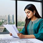 **

"A professional female architect, fully clothed in a modest shalwar kameez with intricate embroidery, reviewing blueprints in a modern office overlooking a cityscape. Safe for work, appropriate content, perfect anatomy, natural pose, family-friendly."

**