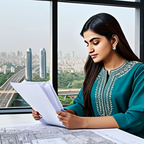 Home 13 **
"A professional female architect, fully clothed in a modest shalwar kameez with intricate embroidery, reviewing blueprints in a modern office overlooking a cityscape. Safe for work, appropriate content, perfect anatomy, natural pose, family-friendly."
**