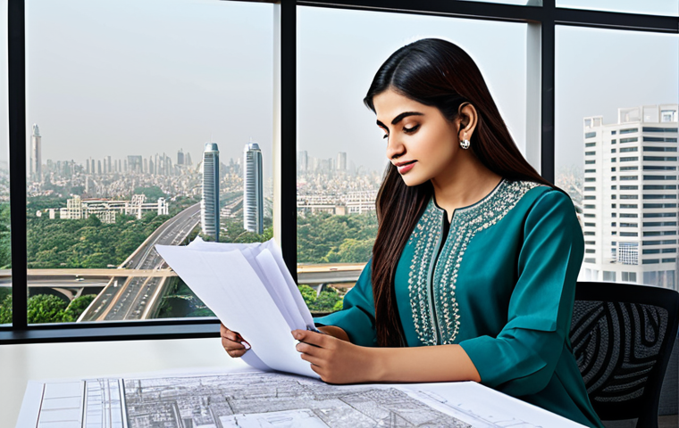 **
"A professional female architect, fully clothed in a modest shalwar kameez with intricate embroidery, reviewing blueprints in a modern office overlooking a cityscape. Safe for work, appropriate content, perfect anatomy, natural pose, family-friendly."
**