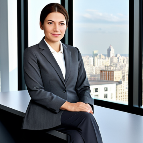 Home 6 Professional Woman in Office**
A professional businesswoman in a modest, dark-gray business suit, sitting at a clean desk in a bright, modern office with large windows overlooking a cityscape, fully clothed, appropriate attire, safe for work, perfect anatomy, natural proportions, professional photography, high quality, family-friendly.
**