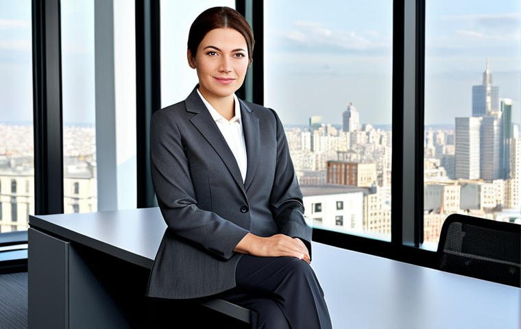 Professional Woman in Office**
A professional businesswoman in a modest, dark-gray business suit, sitting at a clean desk in a bright, modern office with large windows overlooking a cityscape, fully clothed, appropriate attire, safe for work, perfect anatomy, natural proportions, professional photography, high quality, family-friendly.
**
