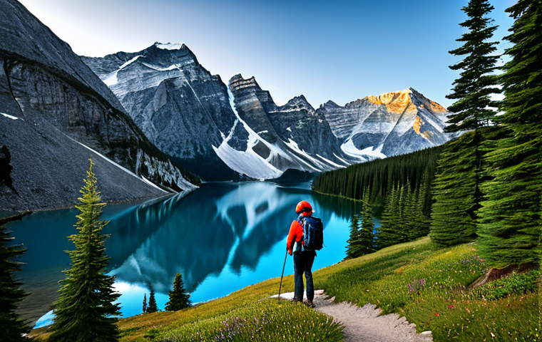 **Prompt 1: Mountain Majesty** A majestic mountain range at sunrise, snow-capped peaks, evergreen trees in the foreground, a clear blue lake reflecting the sky, fully clothed hikers on a trail, appropriate attire, safe for work, perfect anatomy, correct proportions, natural pose, professional landscape photography, high quality, family-friendly.
