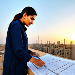 **

"A professional female architect, fully clothed in modest professional attire, reviewing blueprints on a construction site in Karachi at sunset, safe for work, appropriate content, perfect anatomy, natural proportions, professional photography, high quality, family-friendly."

**
