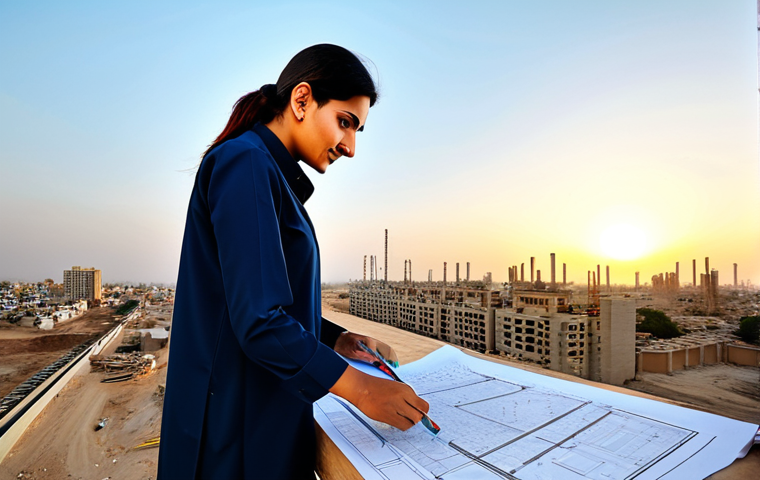 **

"A professional female architect, fully clothed in modest professional attire, reviewing blueprints on a construction site in Karachi at sunset, safe for work, appropriate content, perfect anatomy, natural proportions, professional photography, high quality, family-friendly."

**