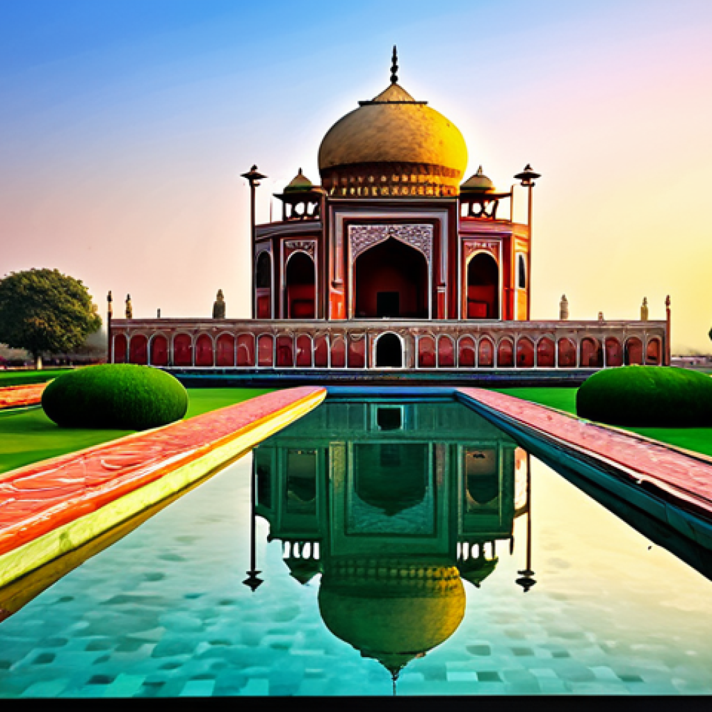 디지털아트 채색 기법 - "A digital painting of a Mughal garden at sunset, vibrant colors, intricate details, reflecting pool...