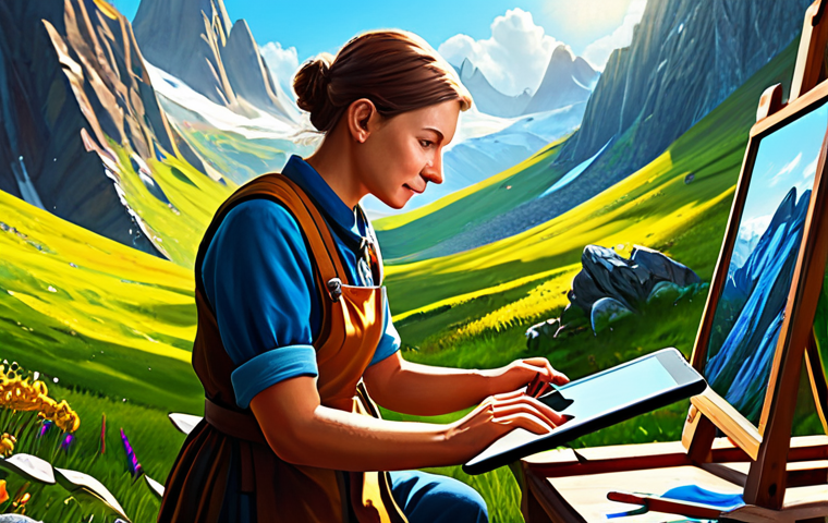 디지털아트 장르별 분류 - **Digital Painting:** "A professional fantasy artist, fully clothed in modest adventurer's garb, pai...