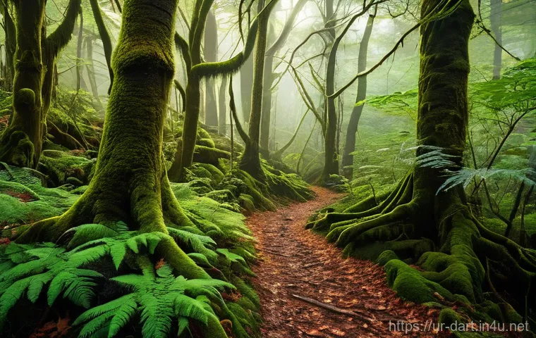디지털아트 테크스처 적용법 - **Enchanted Forest Pathway:** A serene forest pathway at sunrise, bathed in soft, golden light filte...