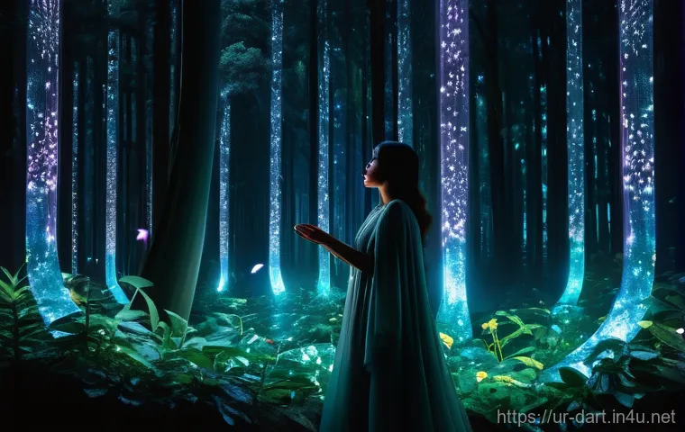 디지털아트 인터랙티브 일러스트 - **Prompt 1: Enchanted Digital Forest**
A young woman, around 20 years old, with flowing, modest ...