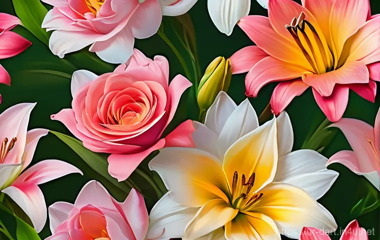 디지털아트 브러시 설정법 - A close-up digital painting of a vibrant and diverse flower bouquet. The painting exquisitely demons...